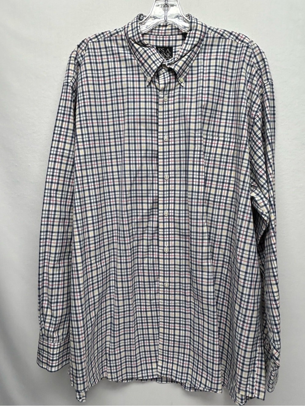 Jos. A. Bank Men's White Button-Down Shirt with Navy & Red Plaid